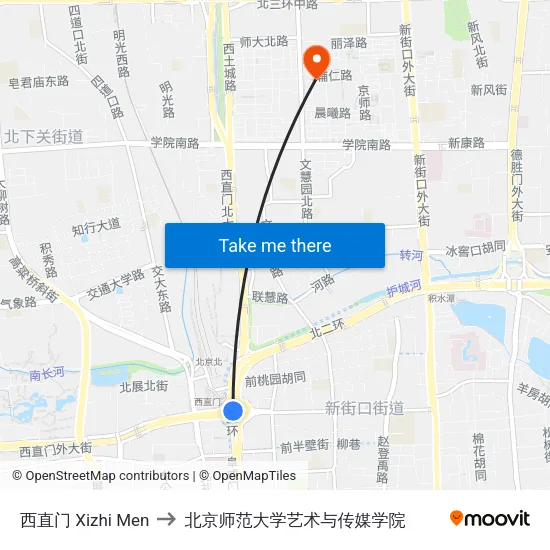 西直门 Xizhi Men to 北京师范大学艺术与传媒学院 map
