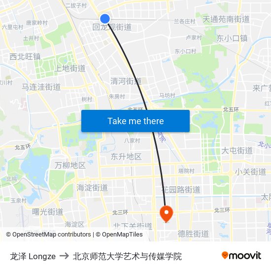 龙泽 Longze to 北京师范大学艺术与传媒学院 map
