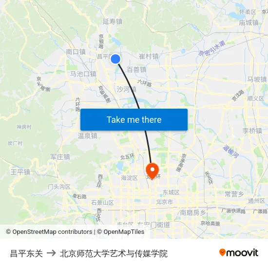 昌平东关 to 北京师范大学艺术与传媒学院 map