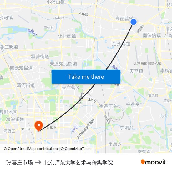 张喜庄市场 to 北京师范大学艺术与传媒学院 map