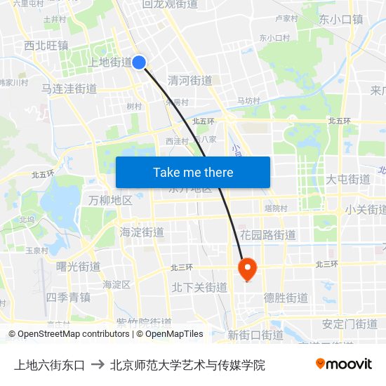 上地六街东口 to 北京师范大学艺术与传媒学院 map