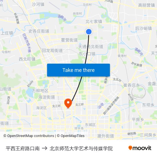平西王府路口南 to 北京师范大学艺术与传媒学院 map