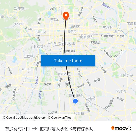 东沙窝村路口 to 北京师范大学艺术与传媒学院 map