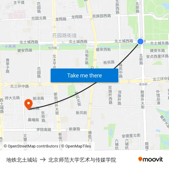 地铁北土城站 to 北京师范大学艺术与传媒学院 map