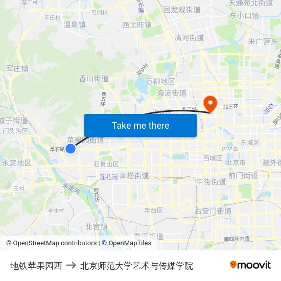 地铁苹果园西 to 北京师范大学艺术与传媒学院 map