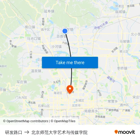研发路口 to 北京师范大学艺术与传媒学院 map