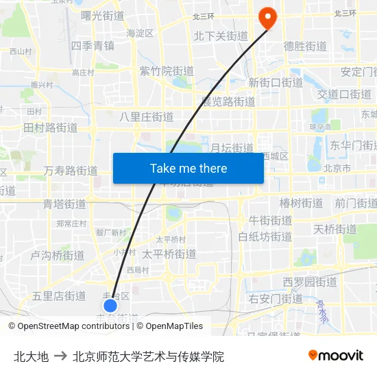 北大地 to 北京师范大学艺术与传媒学院 map