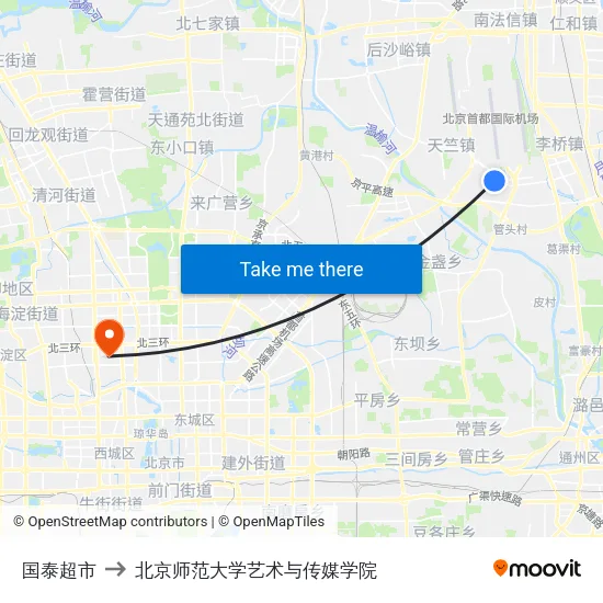 国泰超市 to 北京师范大学艺术与传媒学院 map