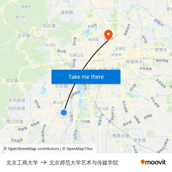 北京工商大学 to 北京师范大学艺术与传媒学院 map
