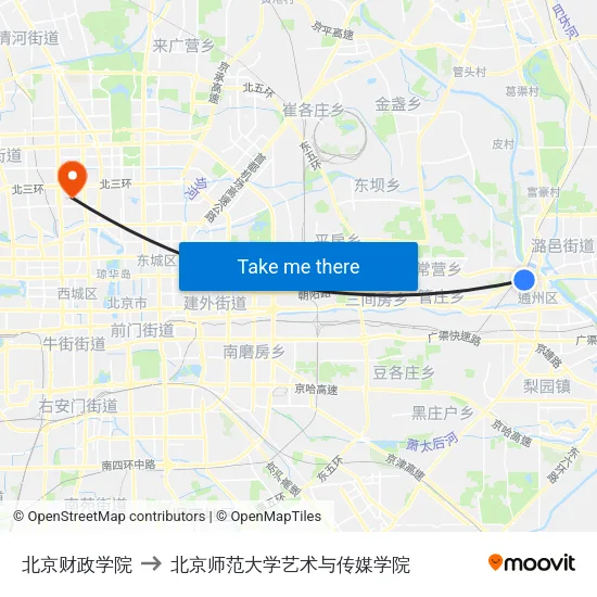 北京财政学院 to 北京师范大学艺术与传媒学院 map