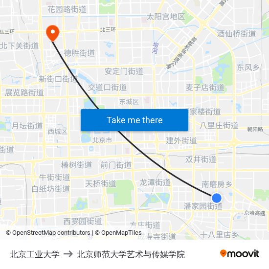 北京工业大学 to 北京师范大学艺术与传媒学院 map