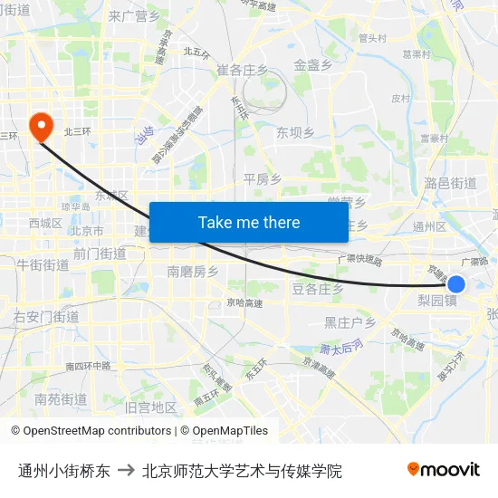 通州小街桥东 to 北京师范大学艺术与传媒学院 map