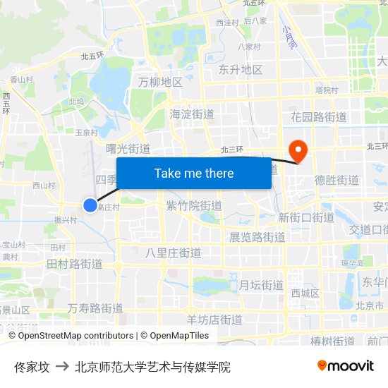 佟家坟 to 北京师范大学艺术与传媒学院 map
