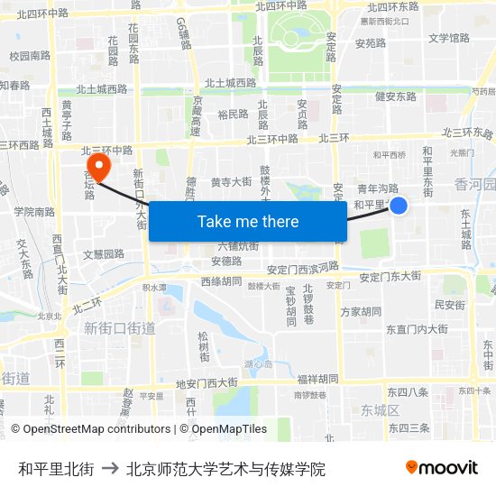 和平里北街 to 北京师范大学艺术与传媒学院 map