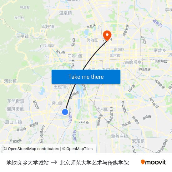 地铁良乡大学城站 to 北京师范大学艺术与传媒学院 map