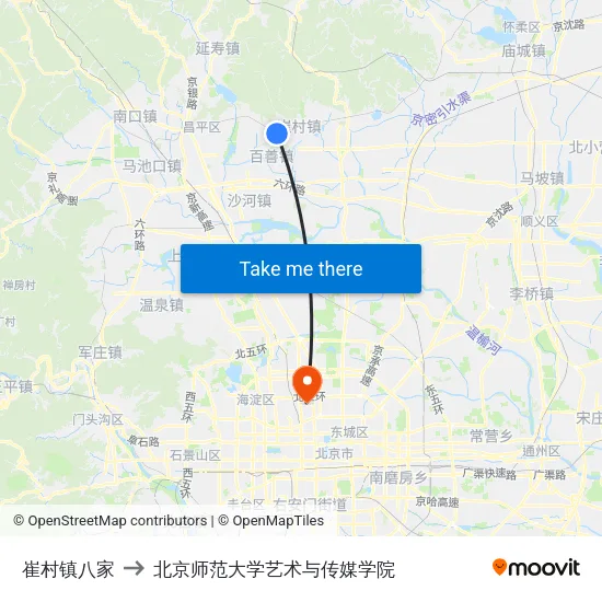 崔村镇八家 to 北京师范大学艺术与传媒学院 map