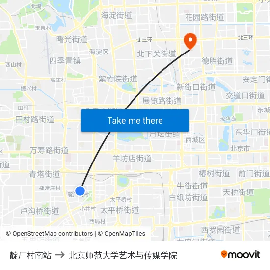靛厂村南站 to 北京师范大学艺术与传媒学院 map