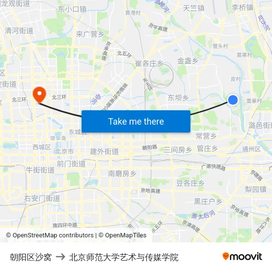 朝阳区沙窝 to 北京师范大学艺术与传媒学院 map