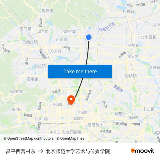 昌平西营村东 to 北京师范大学艺术与传媒学院 map