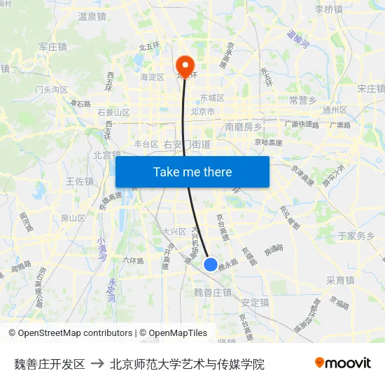 魏善庄开发区 to 北京师范大学艺术与传媒学院 map