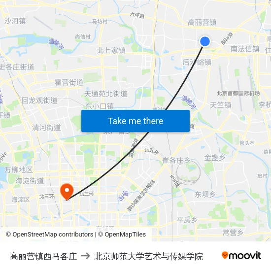 高丽营镇西马各庄 to 北京师范大学艺术与传媒学院 map