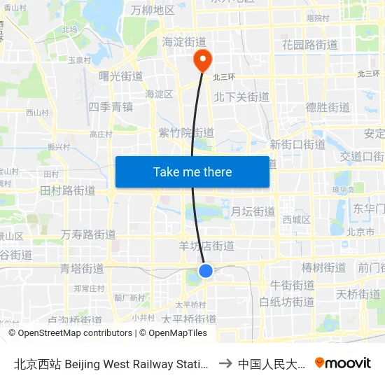 北京西站 Beijing West Railway Station to 中国人民大学 map