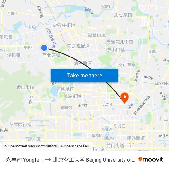 永丰南 Yongfeng Nan (S) to 北京化工大学 Beijing University of Chemical Technology map