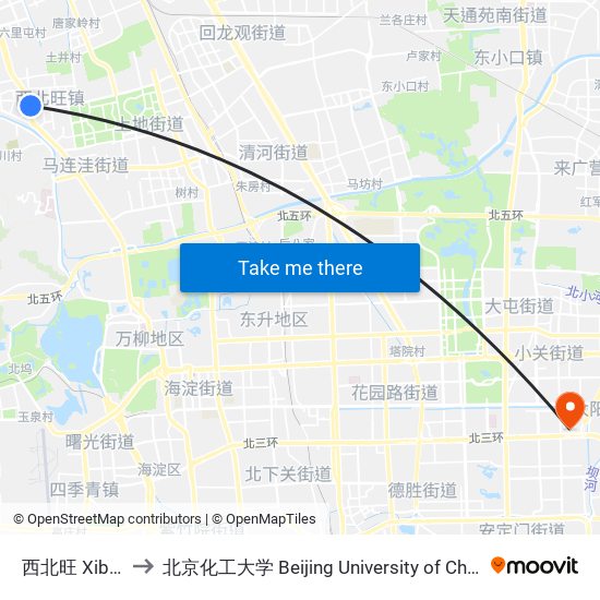 西北旺 Xibeiwang to 北京化工大学 Beijing University of Chemical Technology map