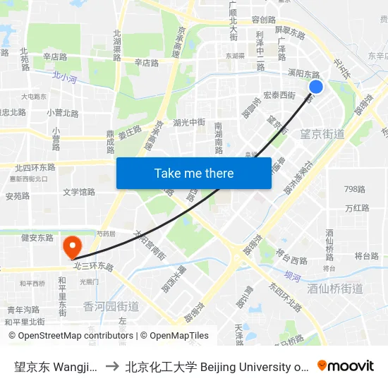 望京东 Wangjing Dong (E) to 北京化工大学 Beijing University of Chemical Technology map