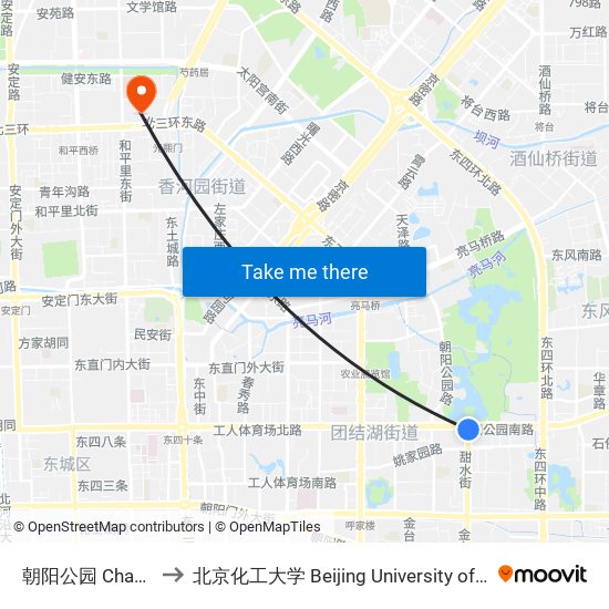 朝阳公园 Chaoyang Park to 北京化工大学 Beijing University of Chemical Technology map