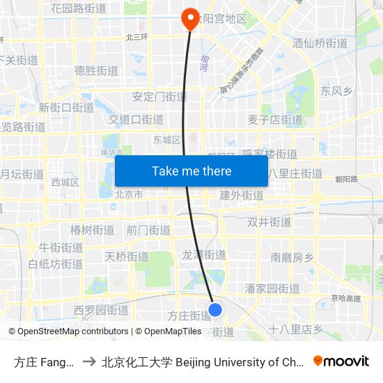 方庄 Fangzhuang to 北京化工大学 Beijing University of Chemical Technology map