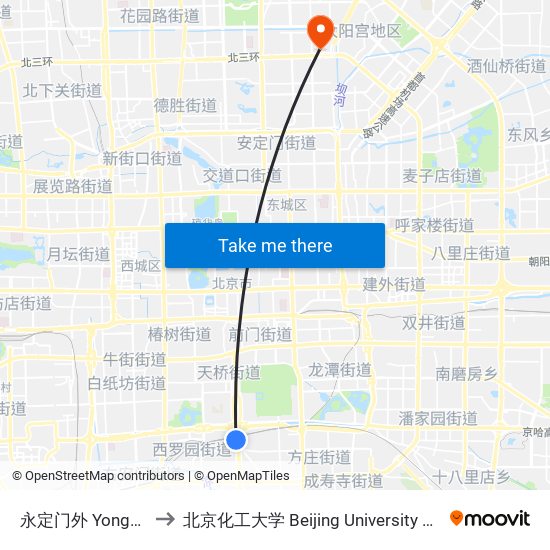 永定门外 Yongdingmen Wai to 北京化工大学 Beijing University of Chemical Technology map