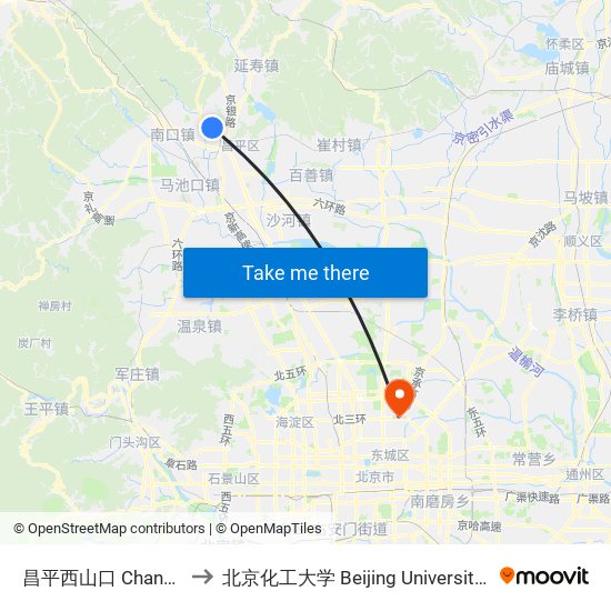 昌平西山口 Changping Xishankou to 北京化工大学 Beijing University of Chemical Technology map
