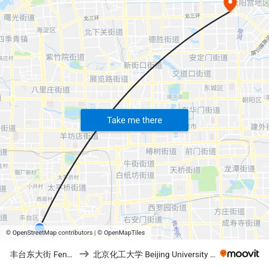 丰台东大街 Fengtai Dongdajie to 北京化工大学 Beijing University of Chemical Technology map