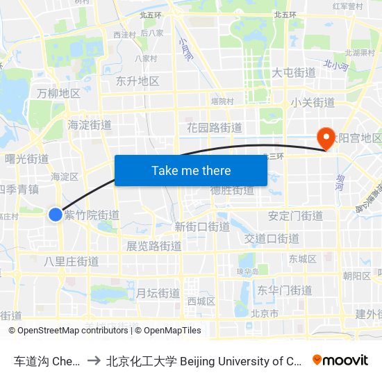 车道沟 Chedaogou to 北京化工大学 Beijing University of Chemical Technology map