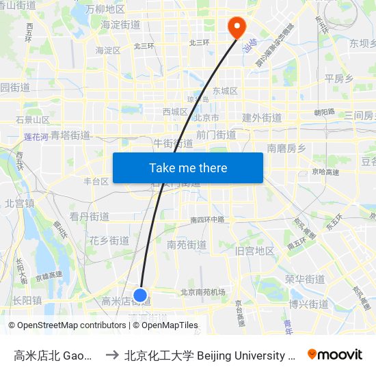 高米店北 Gaomidian Bei(N) to 北京化工大学 Beijing University of Chemical Technology map