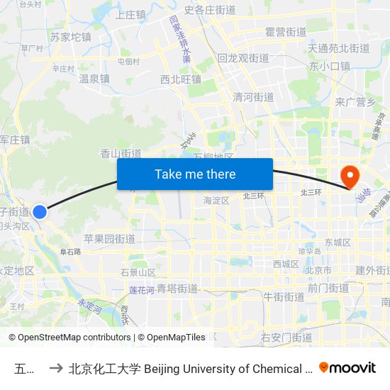 五里坨 to 北京化工大学 Beijing University of Chemical Technology map