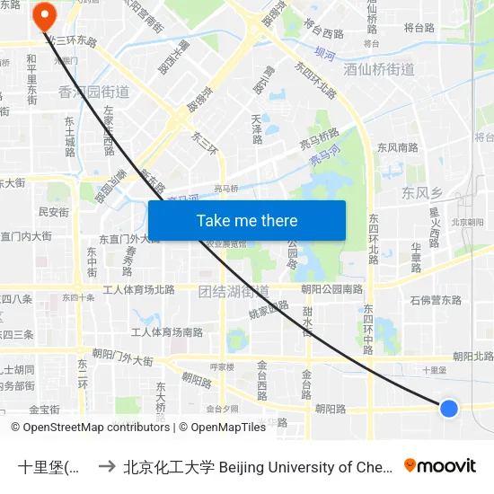 十里堡(朝阳路) to 北京化工大学 Beijing University of Chemical Technology map