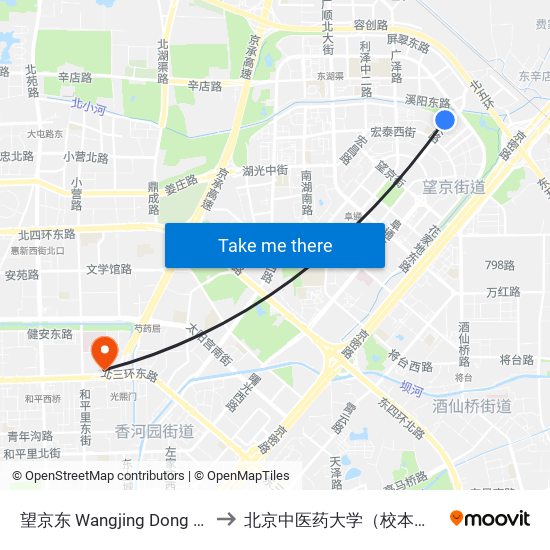 望京东 Wangjing Dong (E) to 北京中医药大学（校本部） map