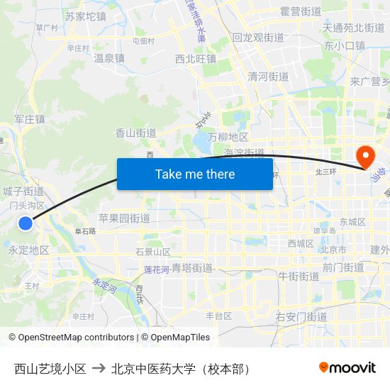 西山艺境小区 to 北京中医药大学（校本部） map