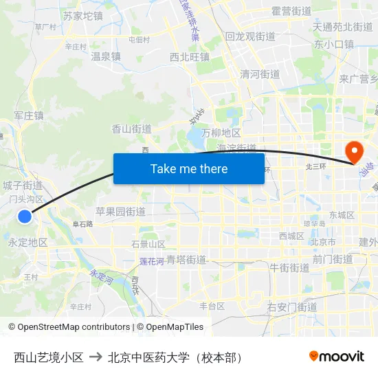西山艺境小区 to 北京中医药大学（校本部） map