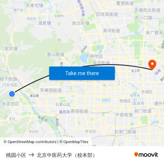 桃园小区 to 北京中医药大学（校本部） map