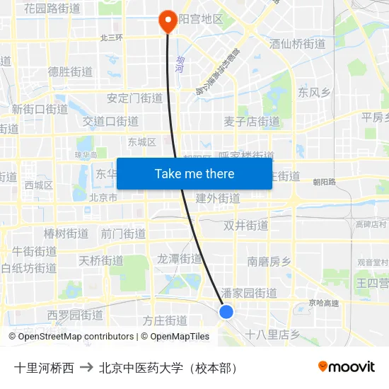 十里河桥西 to 北京中医药大学（校本部） map