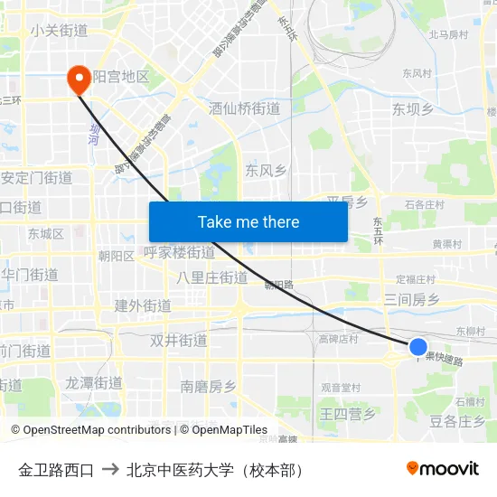 金卫路西口 to 北京中医药大学（校本部） map