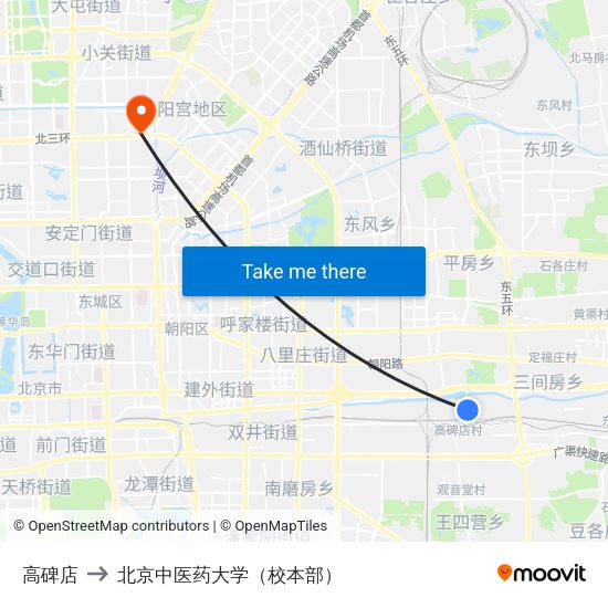 高碑店 to 北京中医药大学（校本部） map