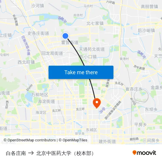 白各庄南 to 北京中医药大学（校本部） map