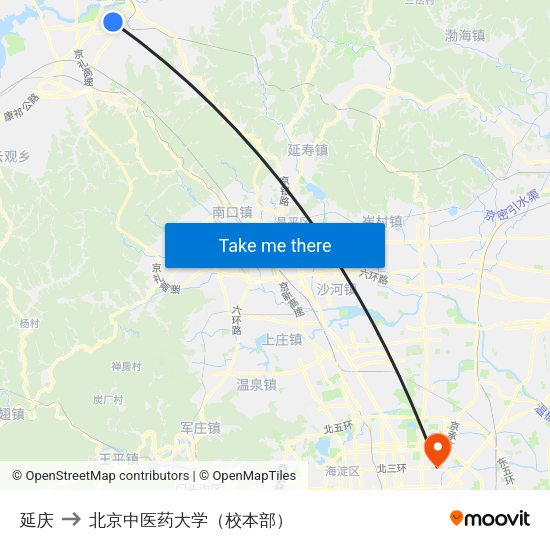 延庆 to 北京中医药大学（校本部） map