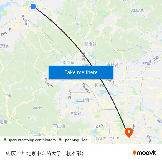 延庆 to 北京中医药大学（校本部） map
