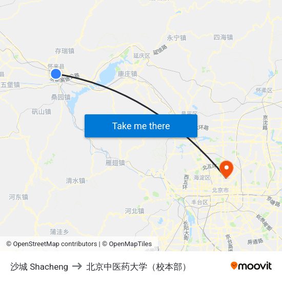 沙城 Shacheng to 北京中医药大学（校本部） map
