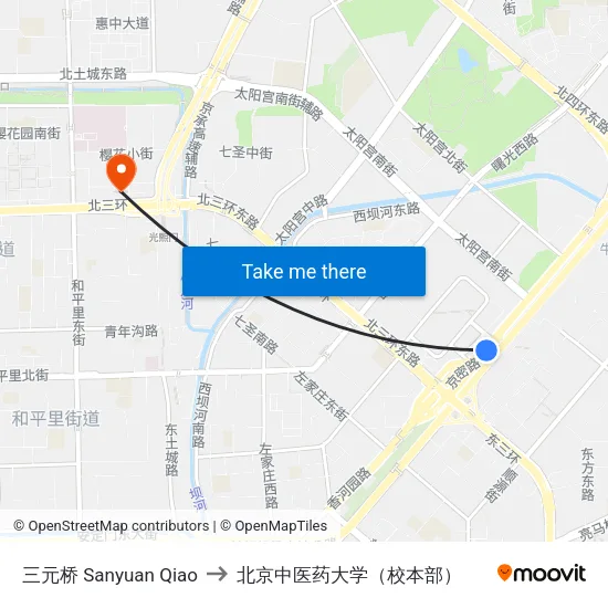 三元桥 Sanyuan Qiao to 北京中医药大学（校本部） map